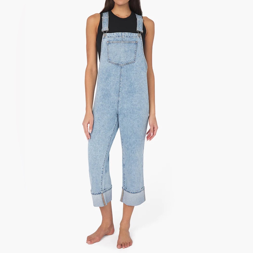 We Wore What light wash denim overalls